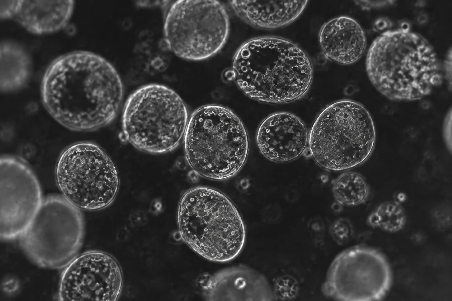Illustrative microscopy-style cellular structures showing biological complexity; not a PHL study image