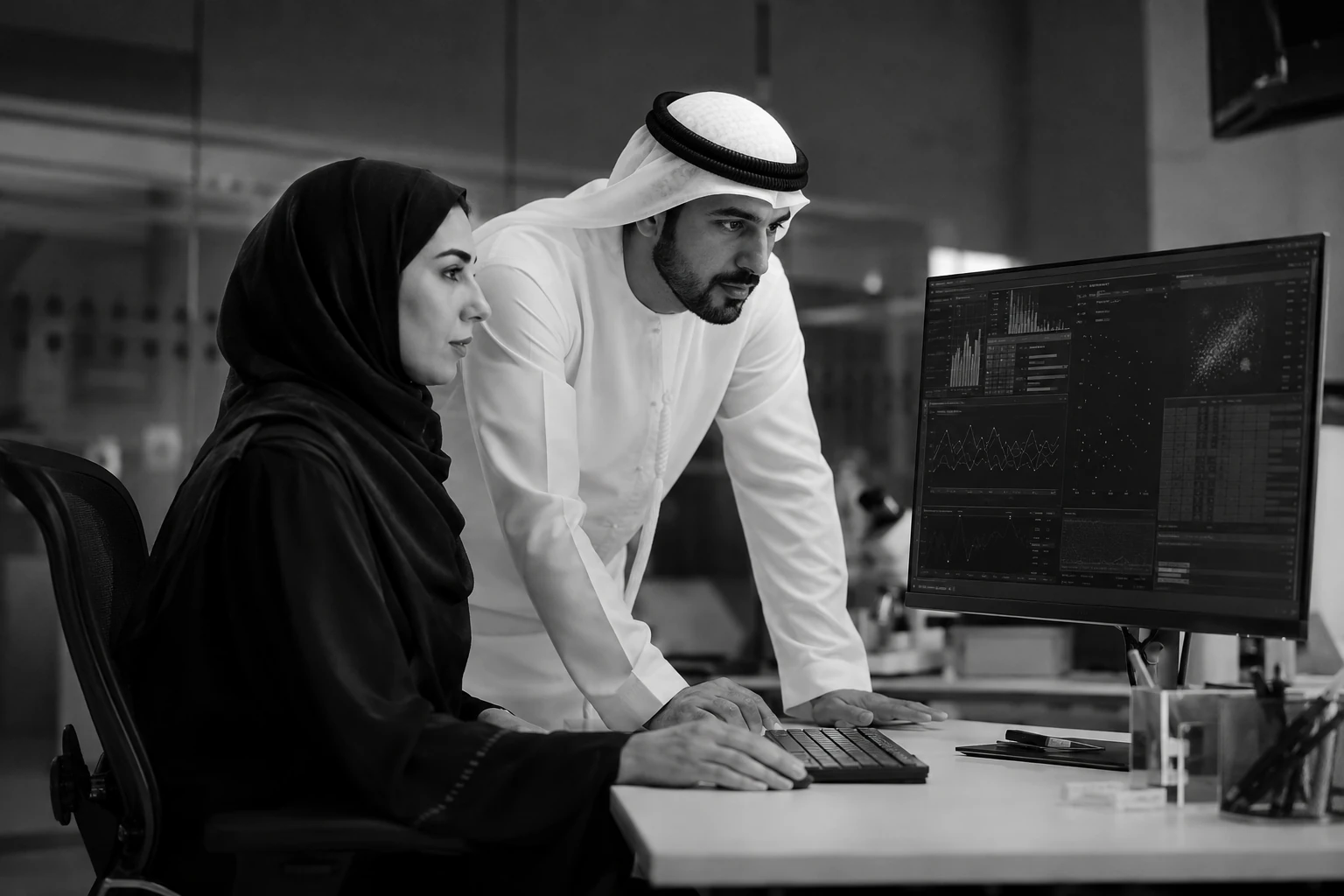 Illustrative Emirati scientist and Gulf data specialist reviewing analytical patterns in a contemporary health research centre